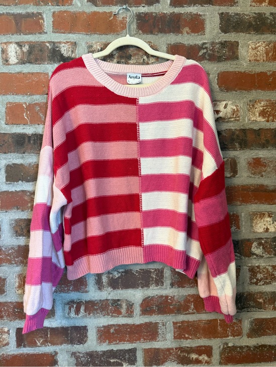 ARULA Sweaters - S59 -ARULA Pink, Red & Cream Striped Crewneck Sweater